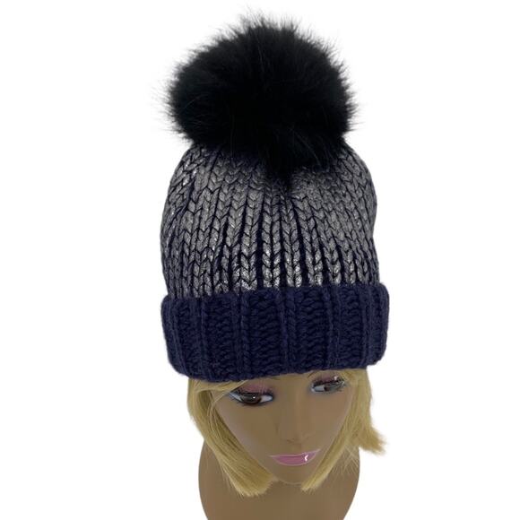 Navy Blue & Silver Wool Blend Beanie Hat Genuine Raccoon Fur Pom-Pom by AQUA - Picture 8 of 13